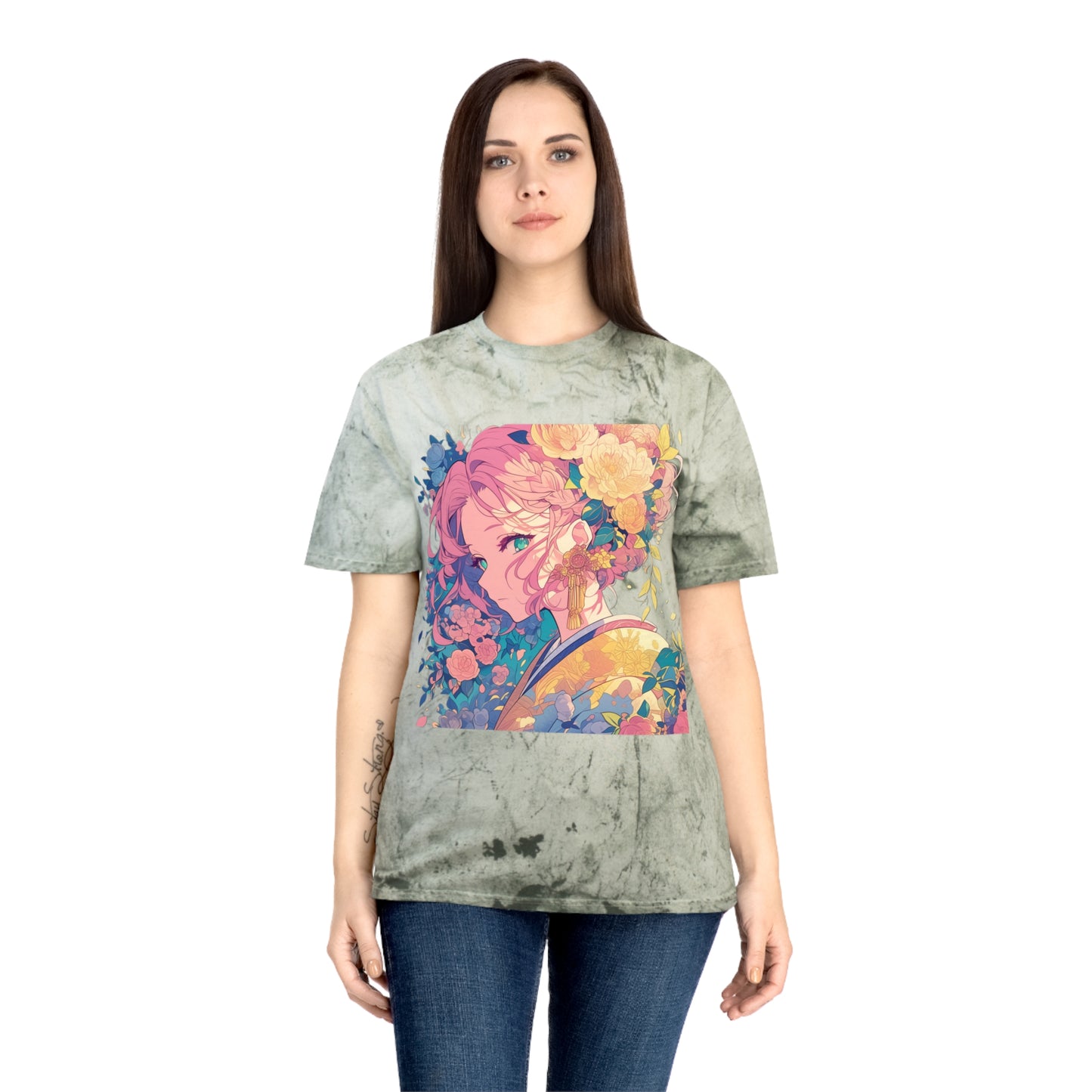 T-Shirt - Pink Hair Anime Beauty with Flowers - Unisex Color Blast Tee