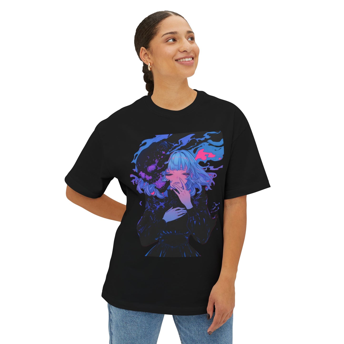 Oversized Tee Haunted Anime Girl Print