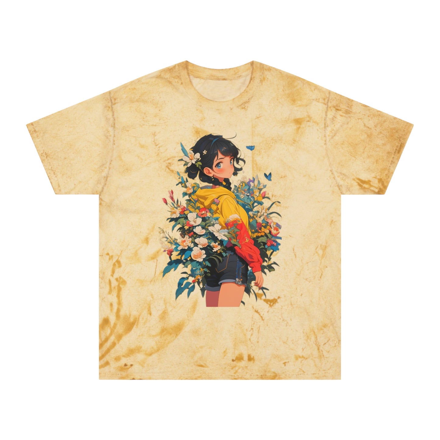 Color Blast T-Shirt with Casual Anime Girl Floral Design