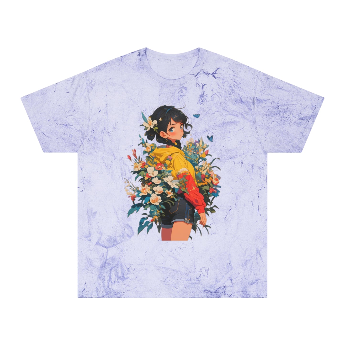 Color Blast T-Shirt with Casual Anime Girl Floral Design