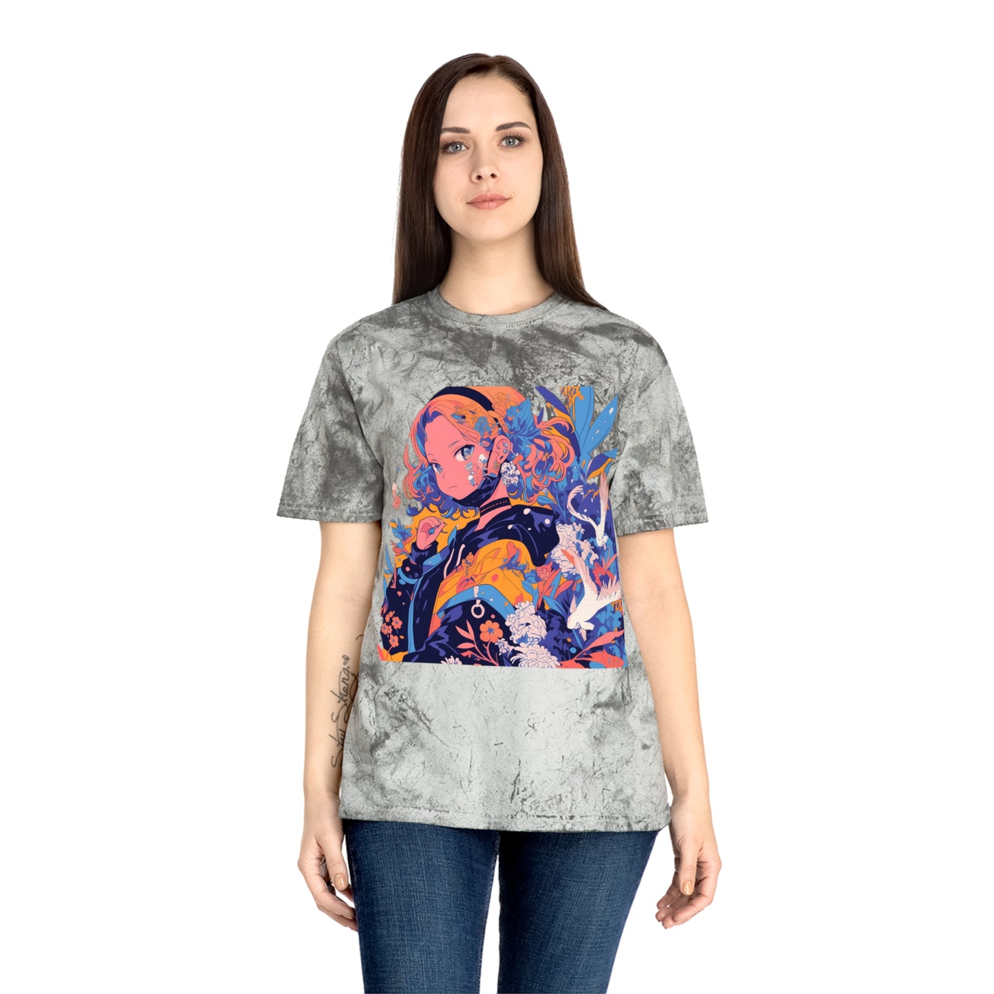 T-Shirt Anime Girl Surrealist Flowers Birds Unisex Color Blast