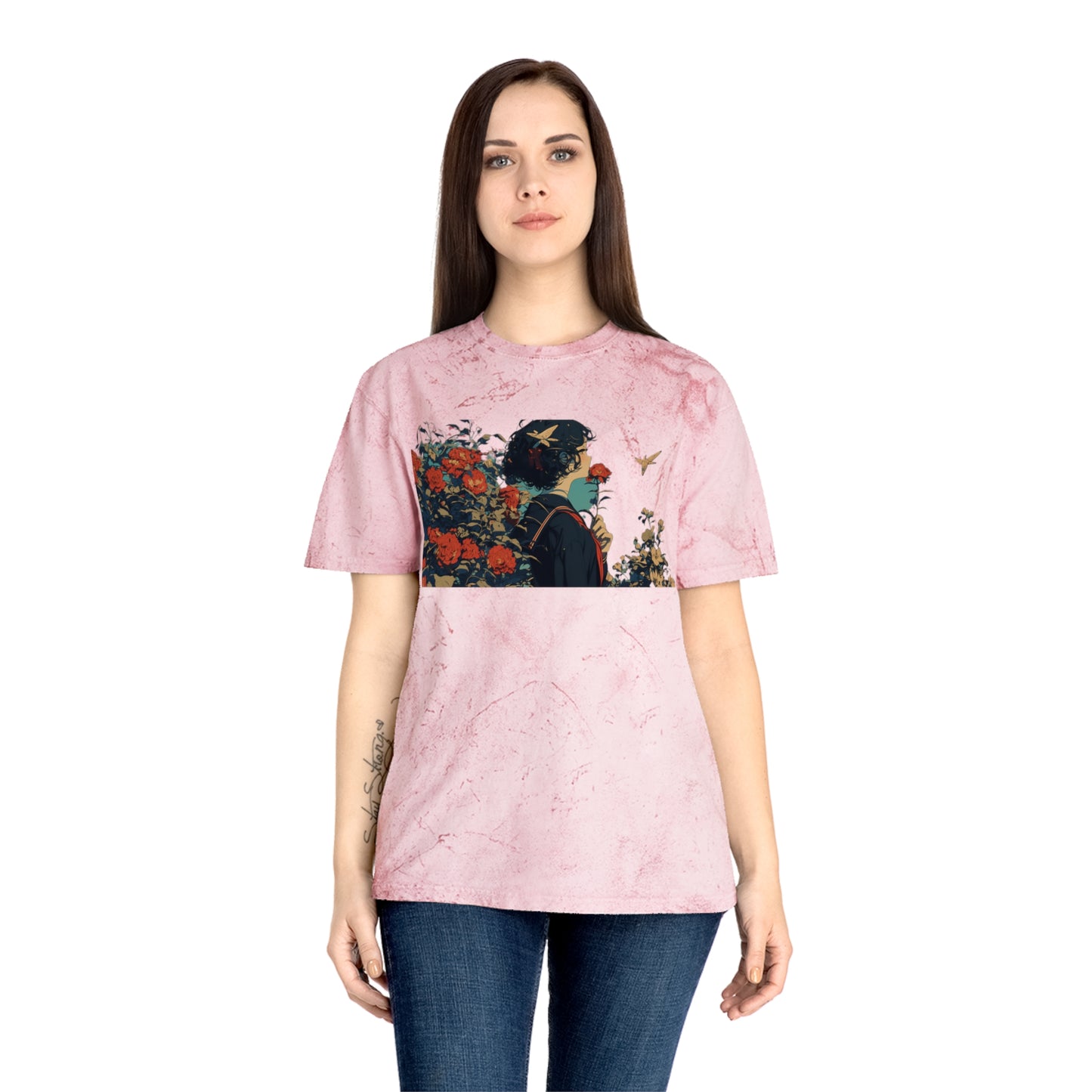 T-Shirt Anime Schoolgirl in Flower Garden Design