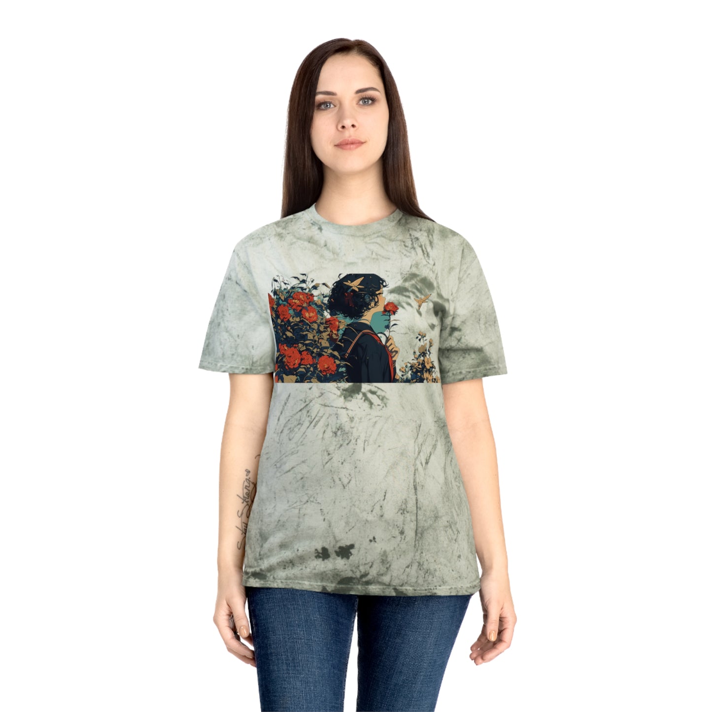 T-Shirt Anime Schoolgirl in Flower Garden Design