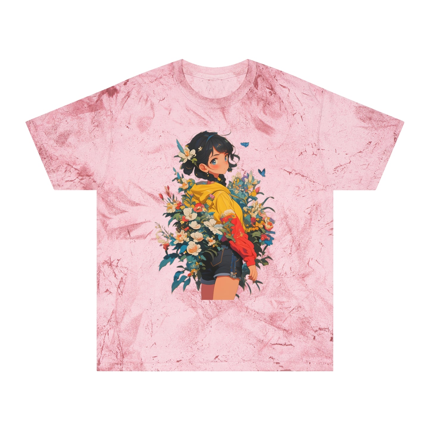 Color Blast T-Shirt with Casual Anime Girl Floral Design