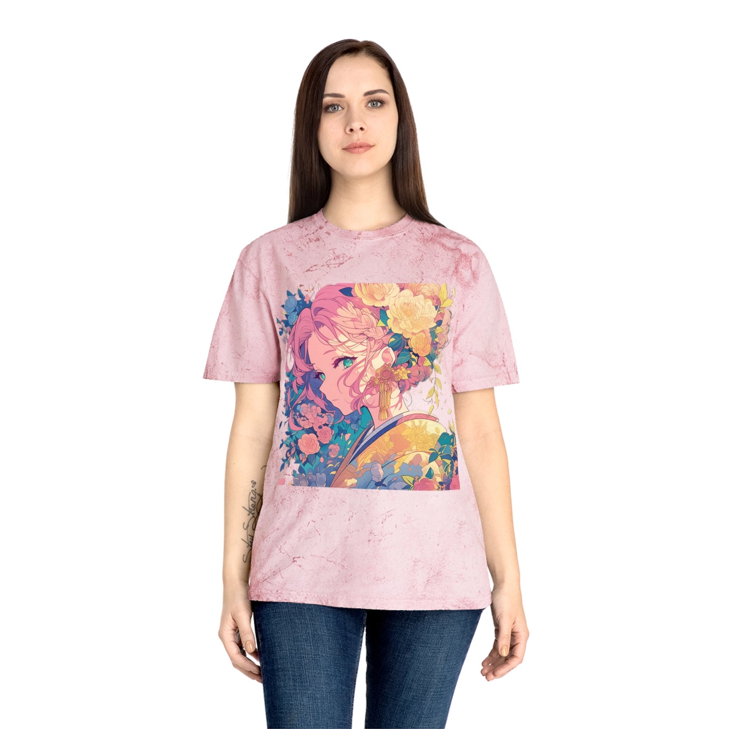 T-Shirt - Pink Hair Anime Beauty with Flowers - Unisex Color Blast Tee