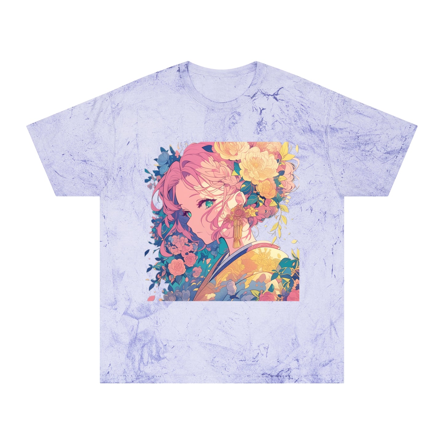 T-Shirt - Pink Hair Anime Beauty with Flowers - Unisex Color Blast Tee