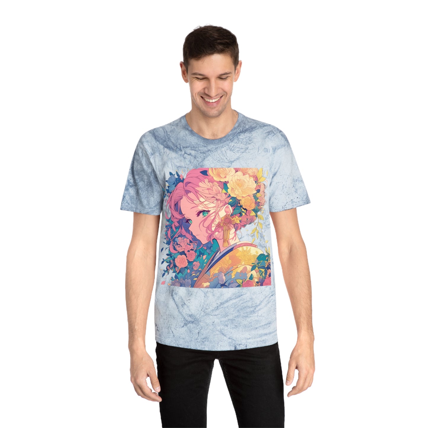 T-Shirt - Pink Hair Anime Beauty with Flowers - Unisex Color Blast Tee