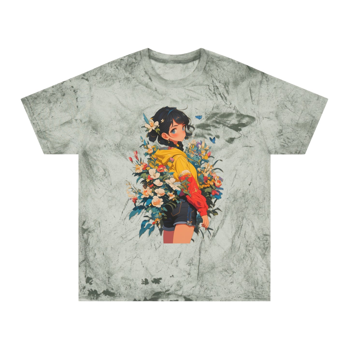 Color Blast T-Shirt with Casual Anime Girl Floral Design