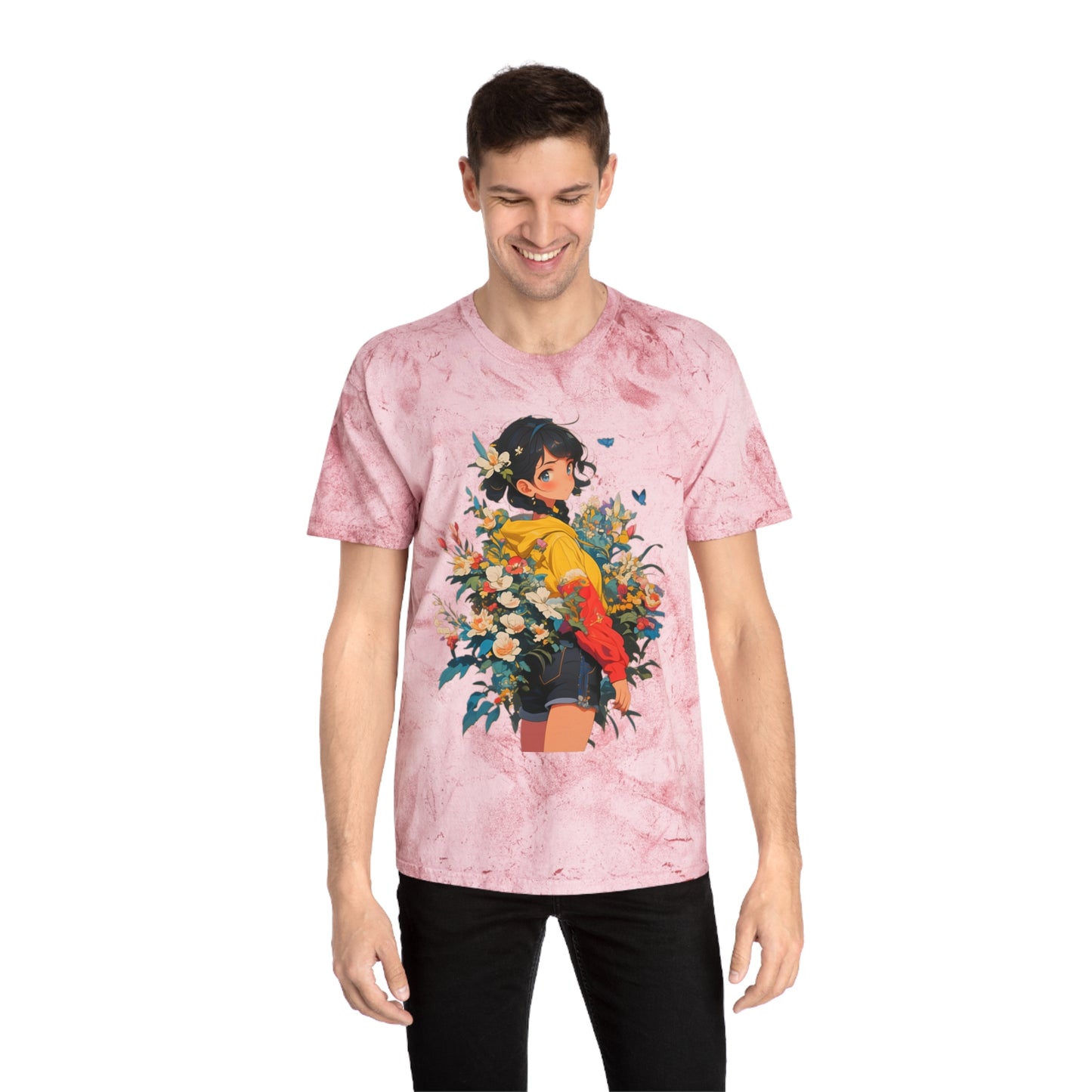 Color Blast T-Shirt with Casual Anime Girl Floral Design