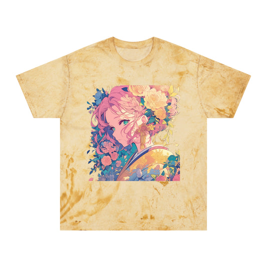 T-Shirt - Pink Hair Anime Beauty with Flowers - Unisex Color Blast Tee