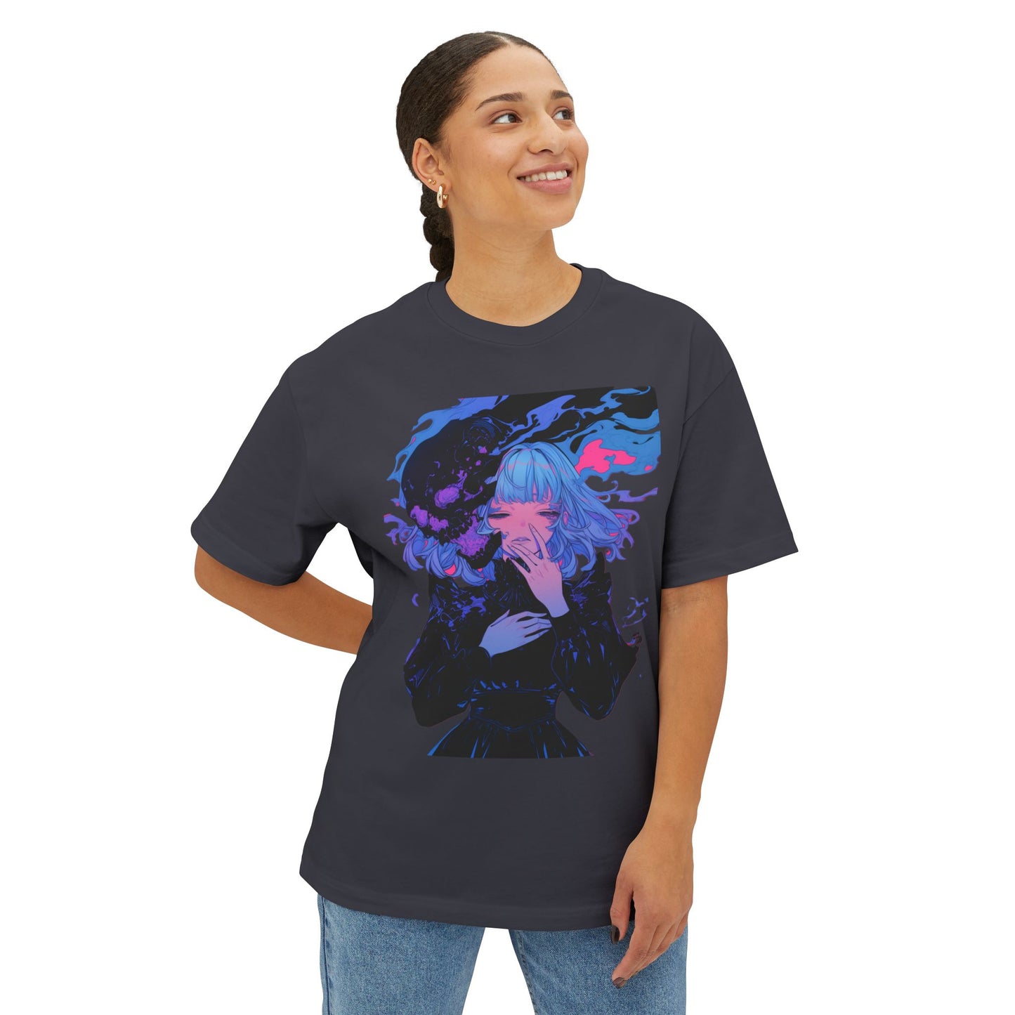 Oversized Tee Haunted Anime Girl Print