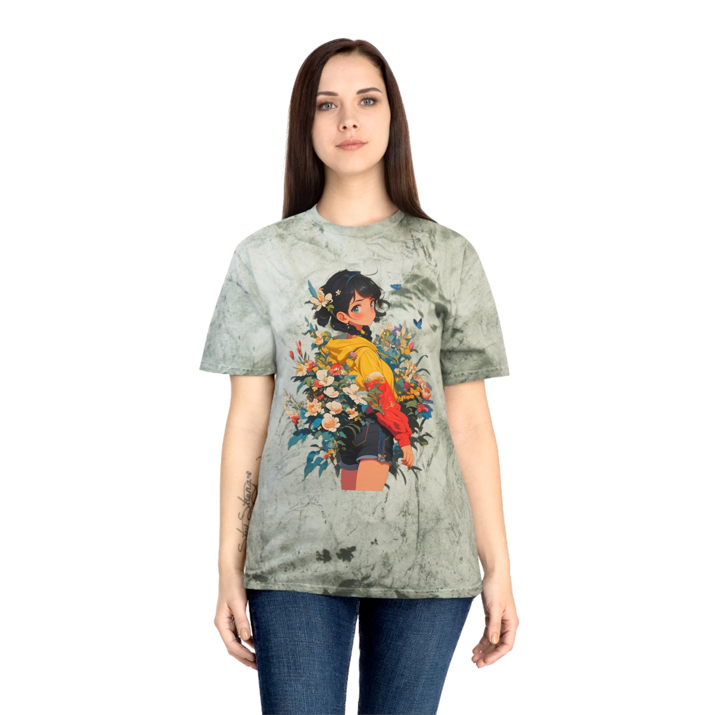 Color Blast T-Shirt with Casual Anime Girl Floral Design