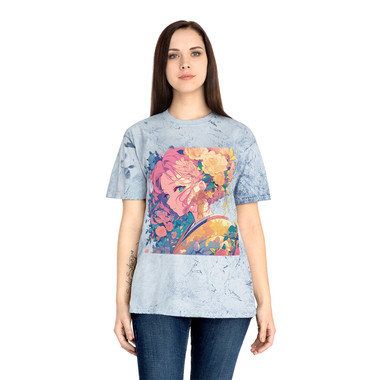 T-Shirt - Pink Hair Anime Beauty with Flowers - Unisex Color Blast Tee