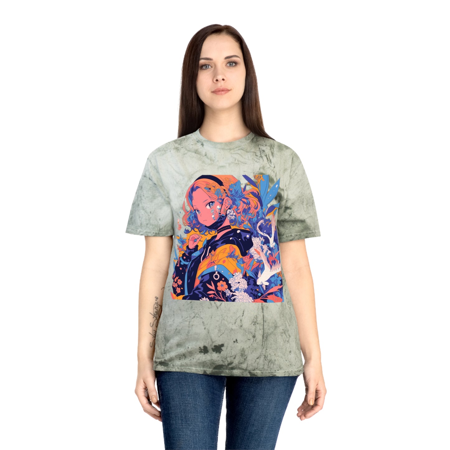 T-Shirt Anime Girl Surrealist Flowers Birds Unisex Color Blast