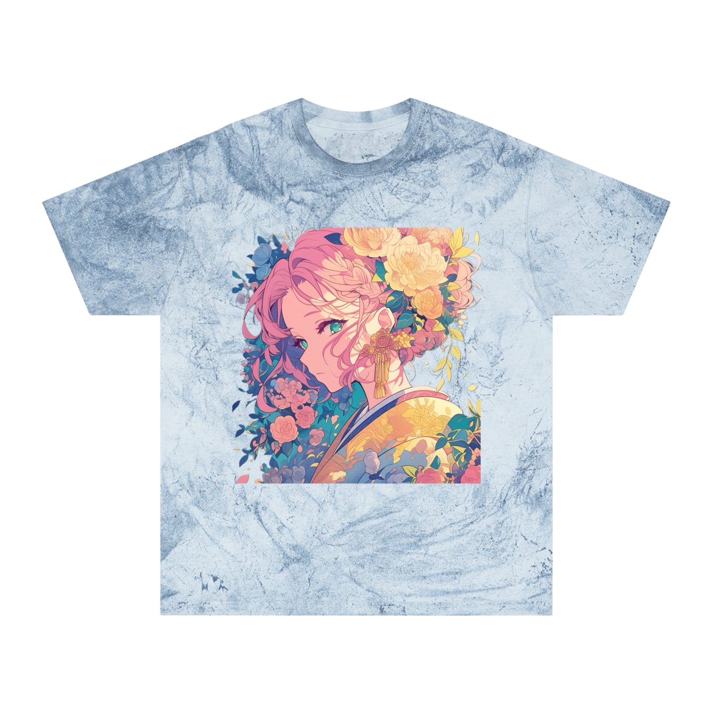 T-Shirt - Pink Hair Anime Beauty with Flowers - Unisex Color Blast Tee