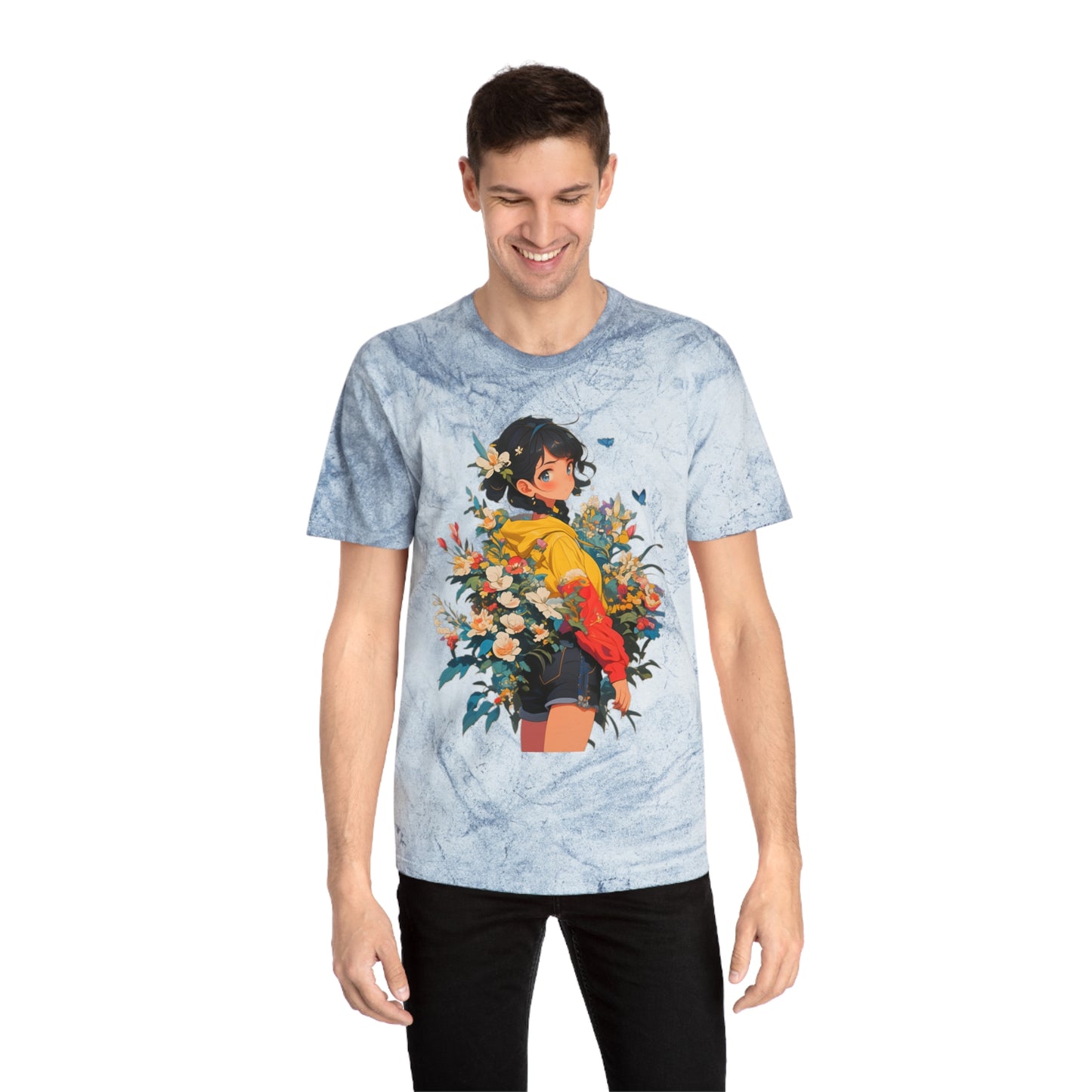 Color Blast T-Shirt with Casual Anime Girl Floral Design