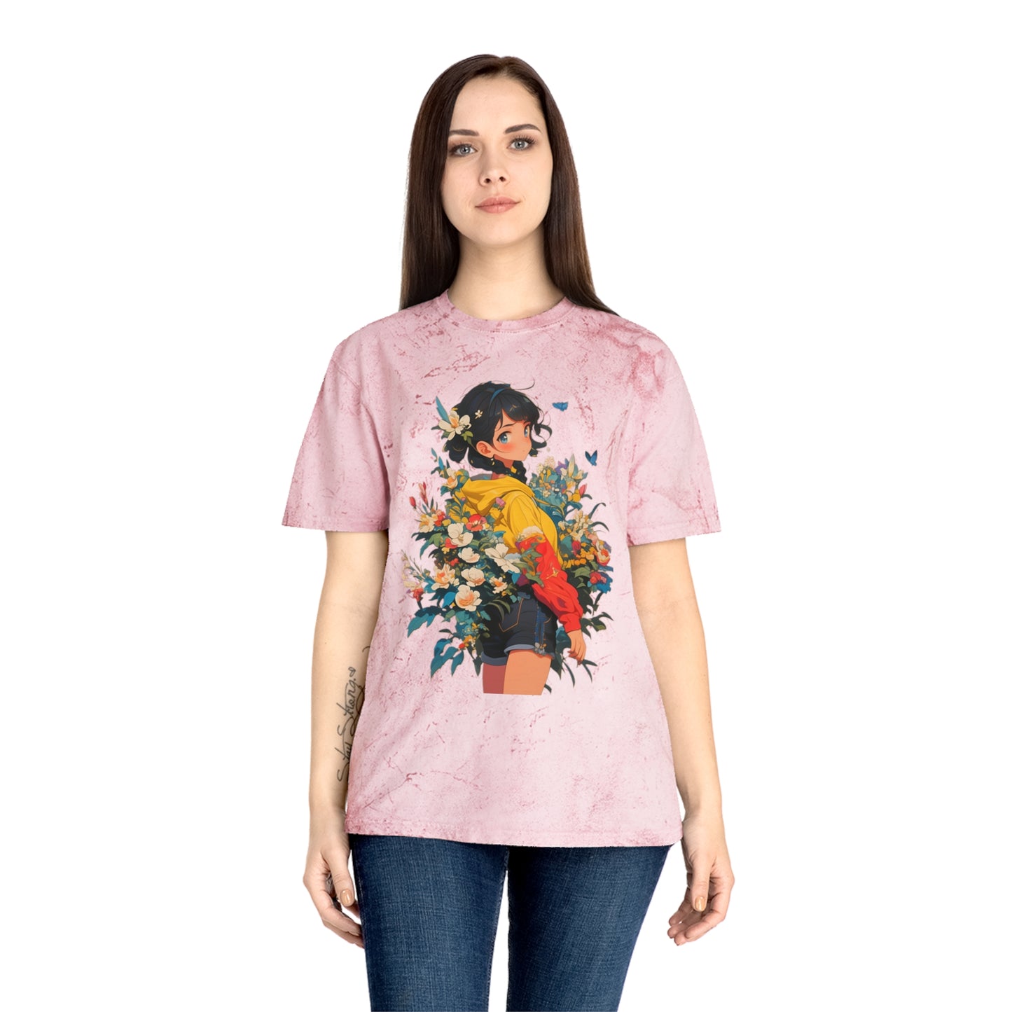 Color Blast T-Shirt with Casual Anime Girl Floral Design