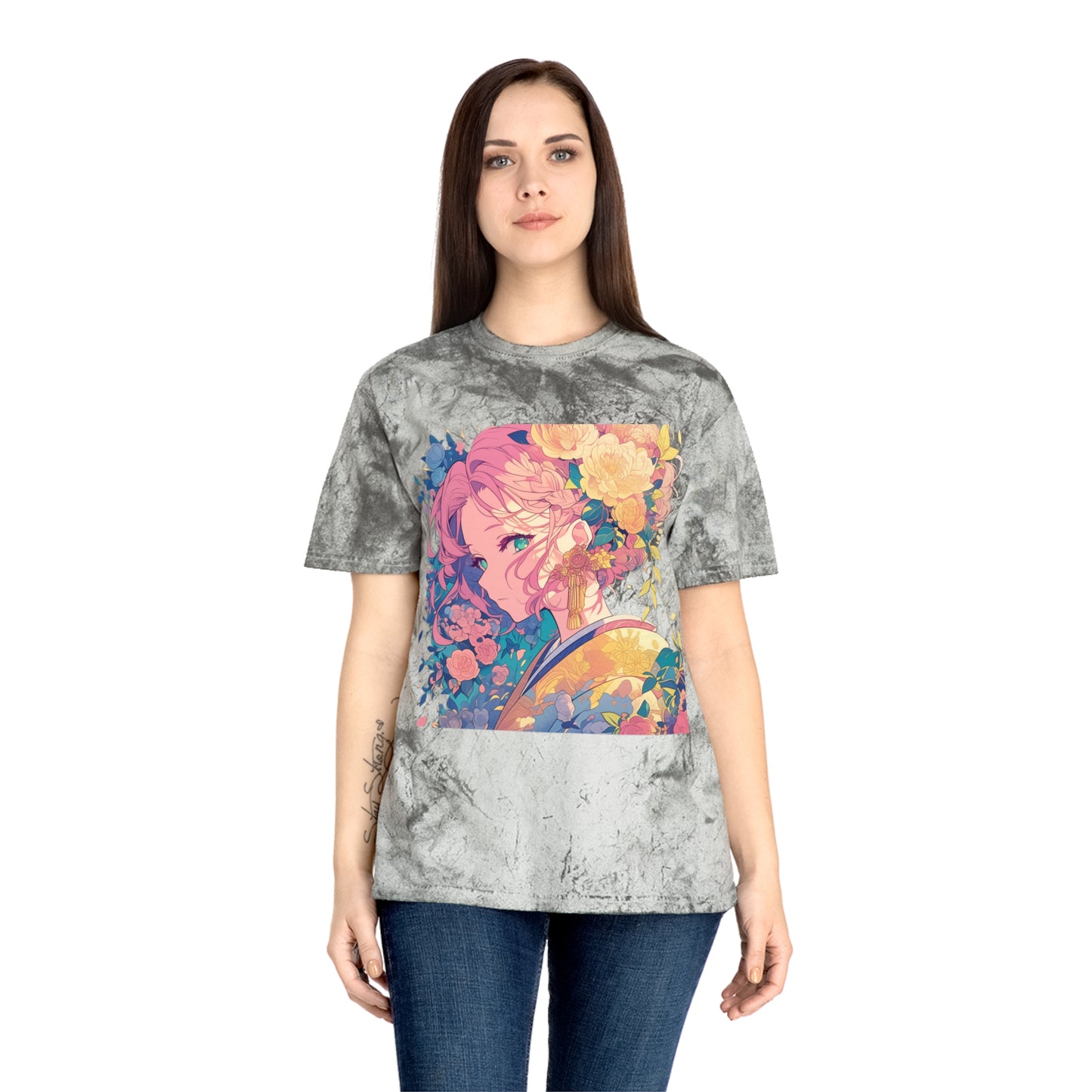 T-Shirt - Pink Hair Anime Beauty with Flowers - Unisex Color Blast Tee