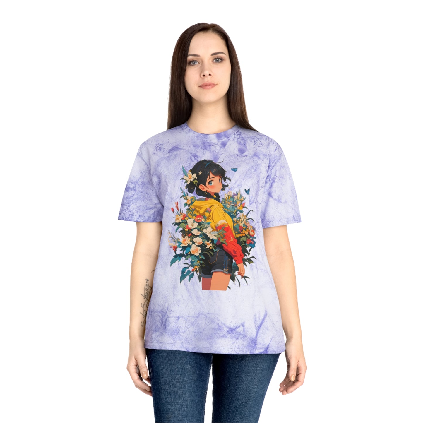 Color Blast T-Shirt with Casual Anime Girl Floral Design