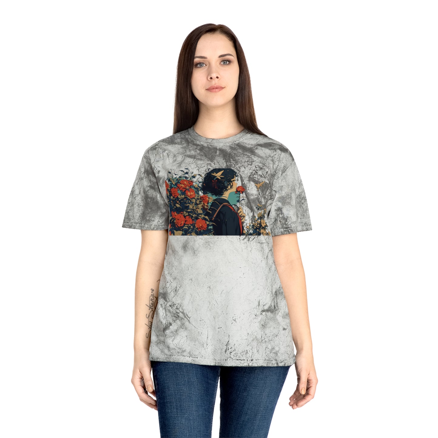 T-Shirt Anime Schoolgirl in Flower Garden Design