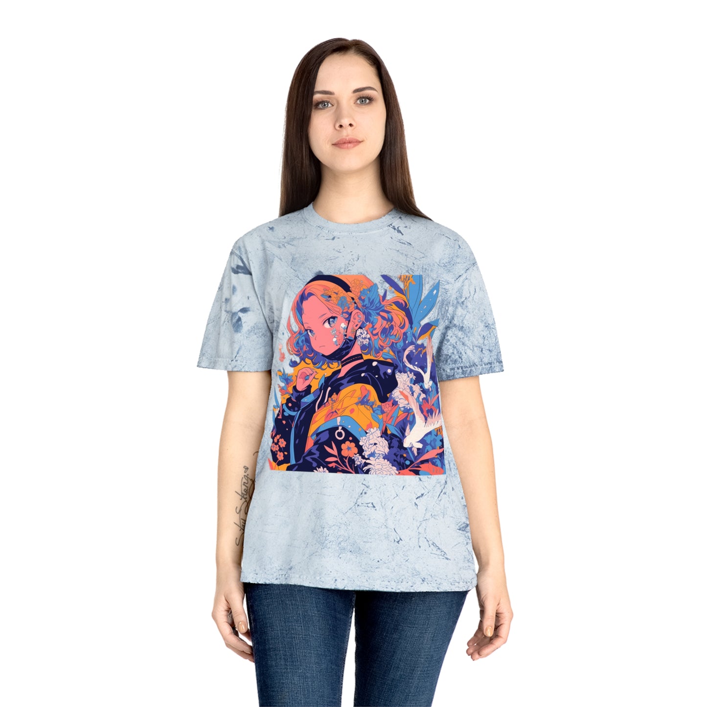 T-Shirt Anime Girl Surrealist Flowers Birds Unisex Color Blast