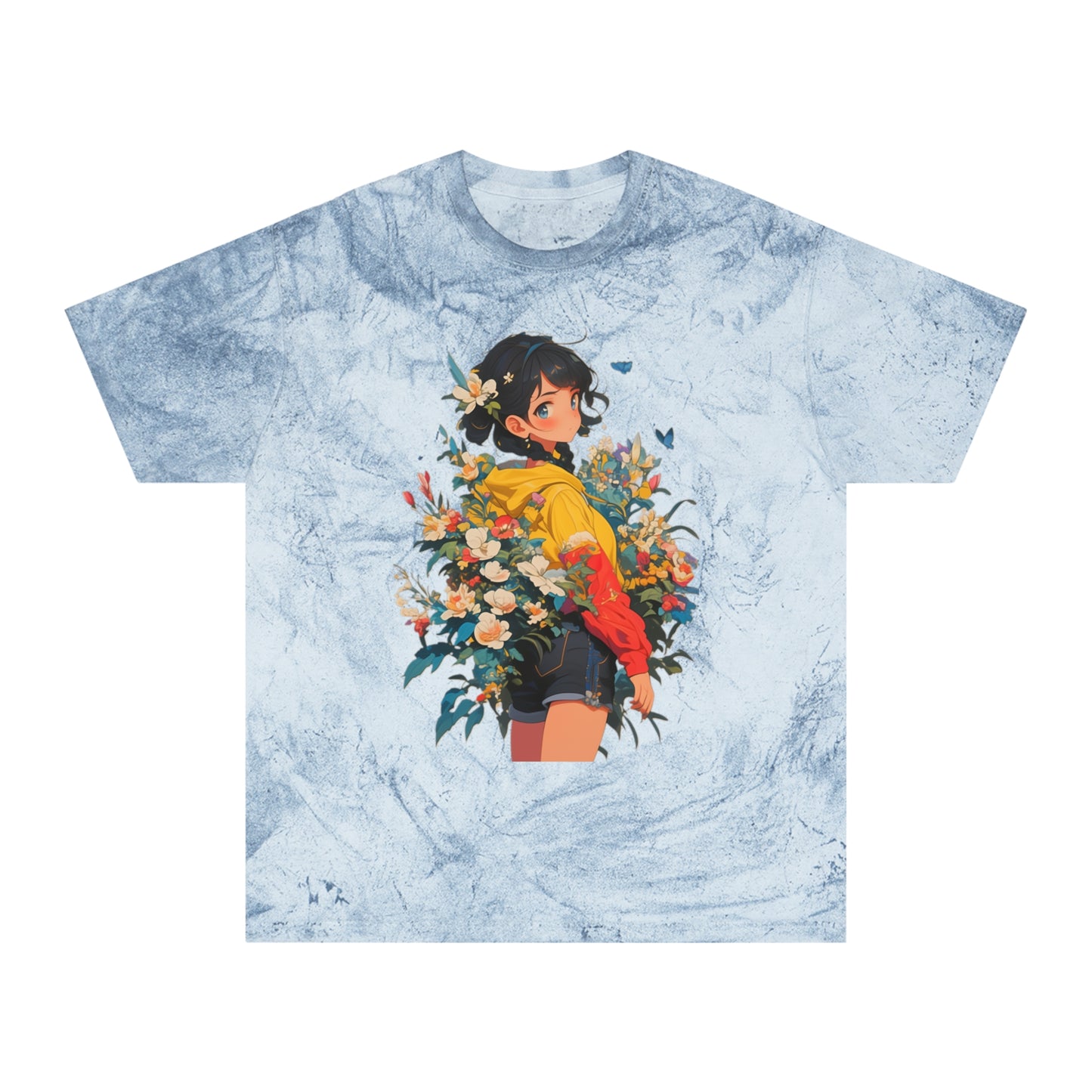 Color Blast T-Shirt with Casual Anime Girl Floral Design