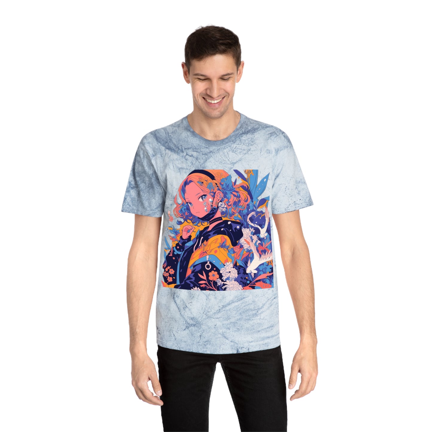 T-Shirt Anime Girl Surrealist Flowers Birds Unisex Color Blast