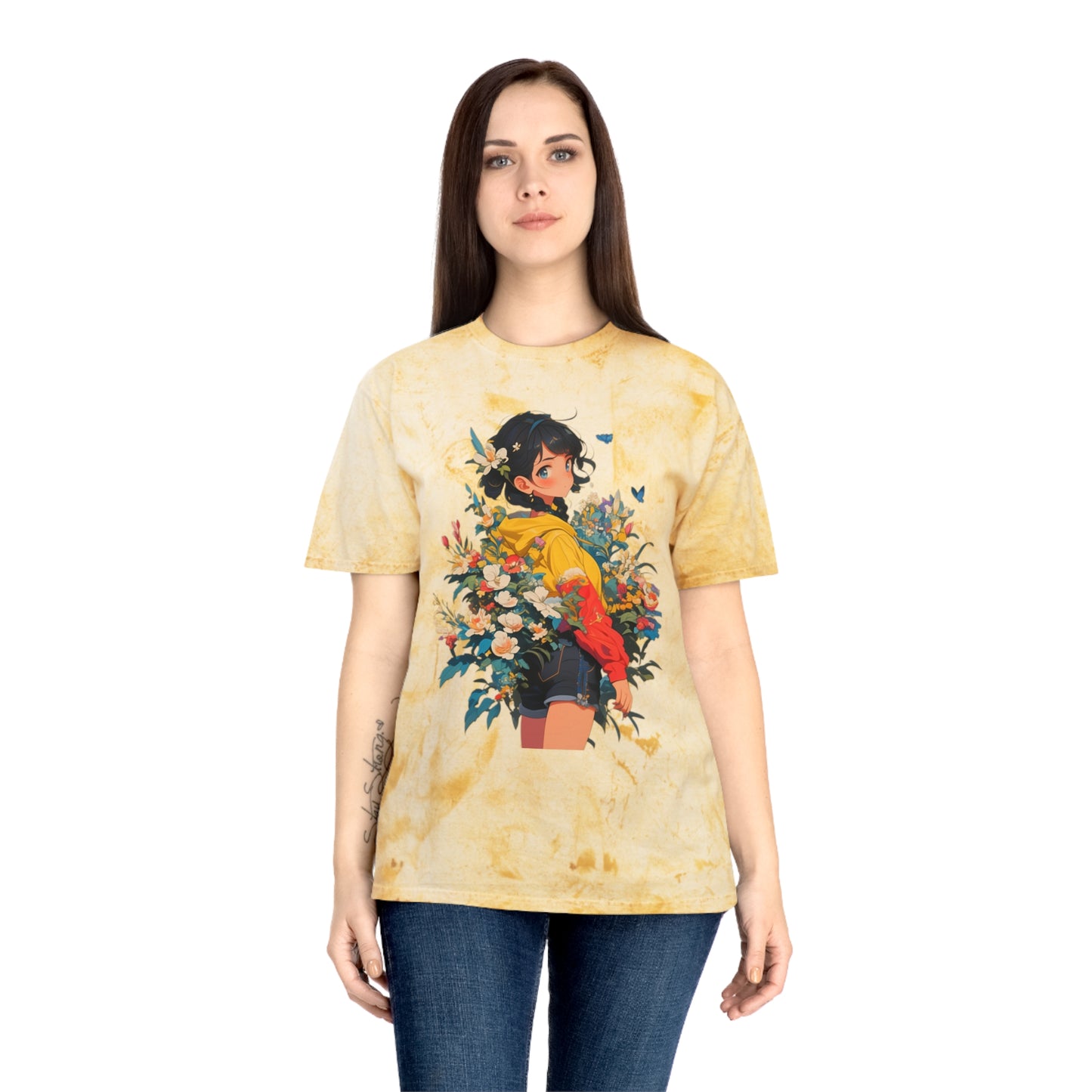 Color Blast T-Shirt with Casual Anime Girl Floral Design