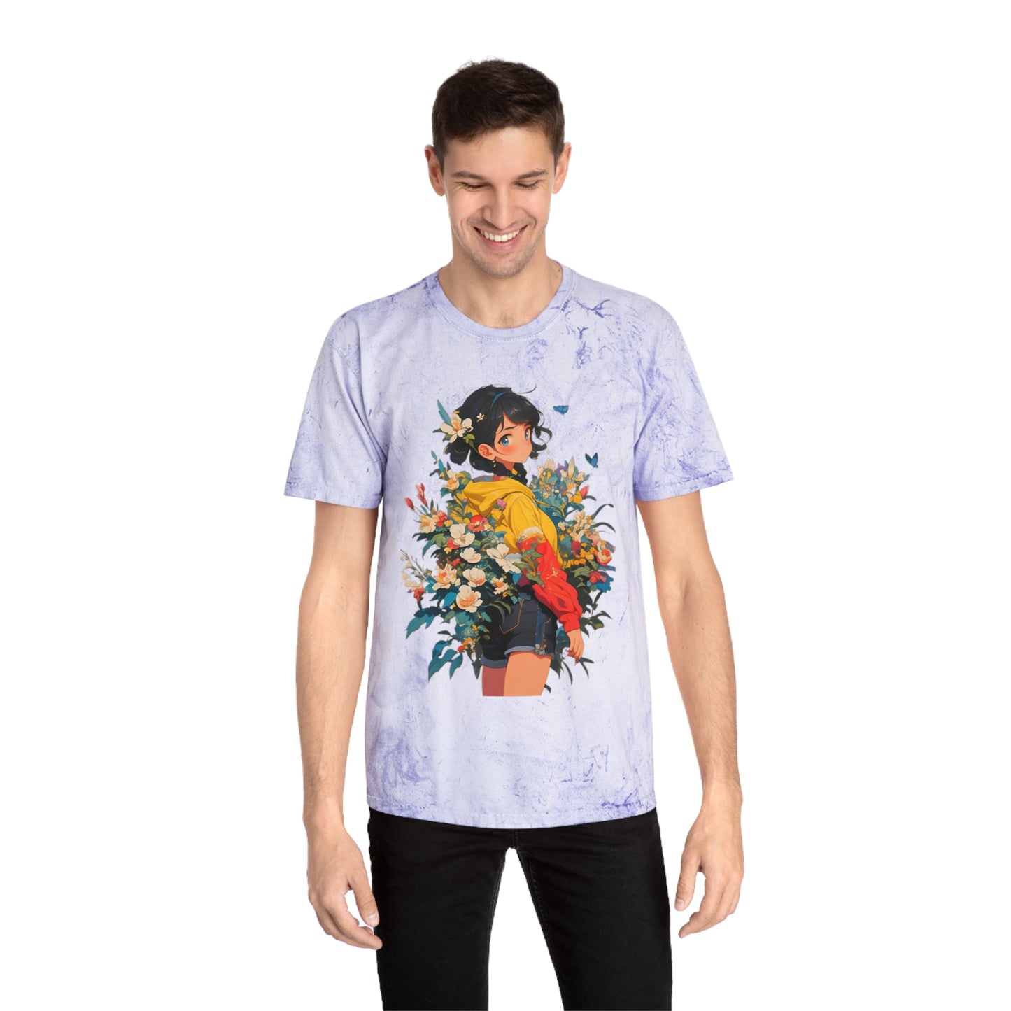 Color Blast T-Shirt with Casual Anime Girl Floral Design