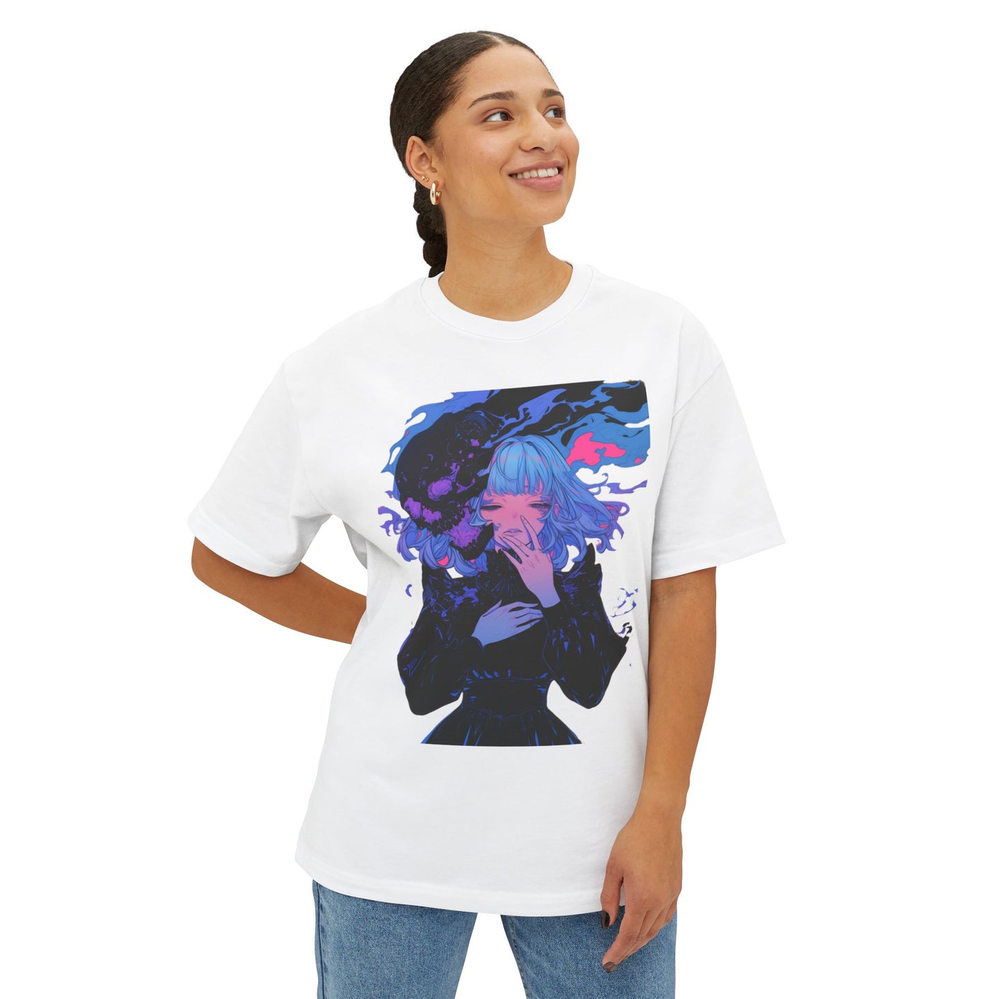 Oversized Tee Haunted Anime Girl Print