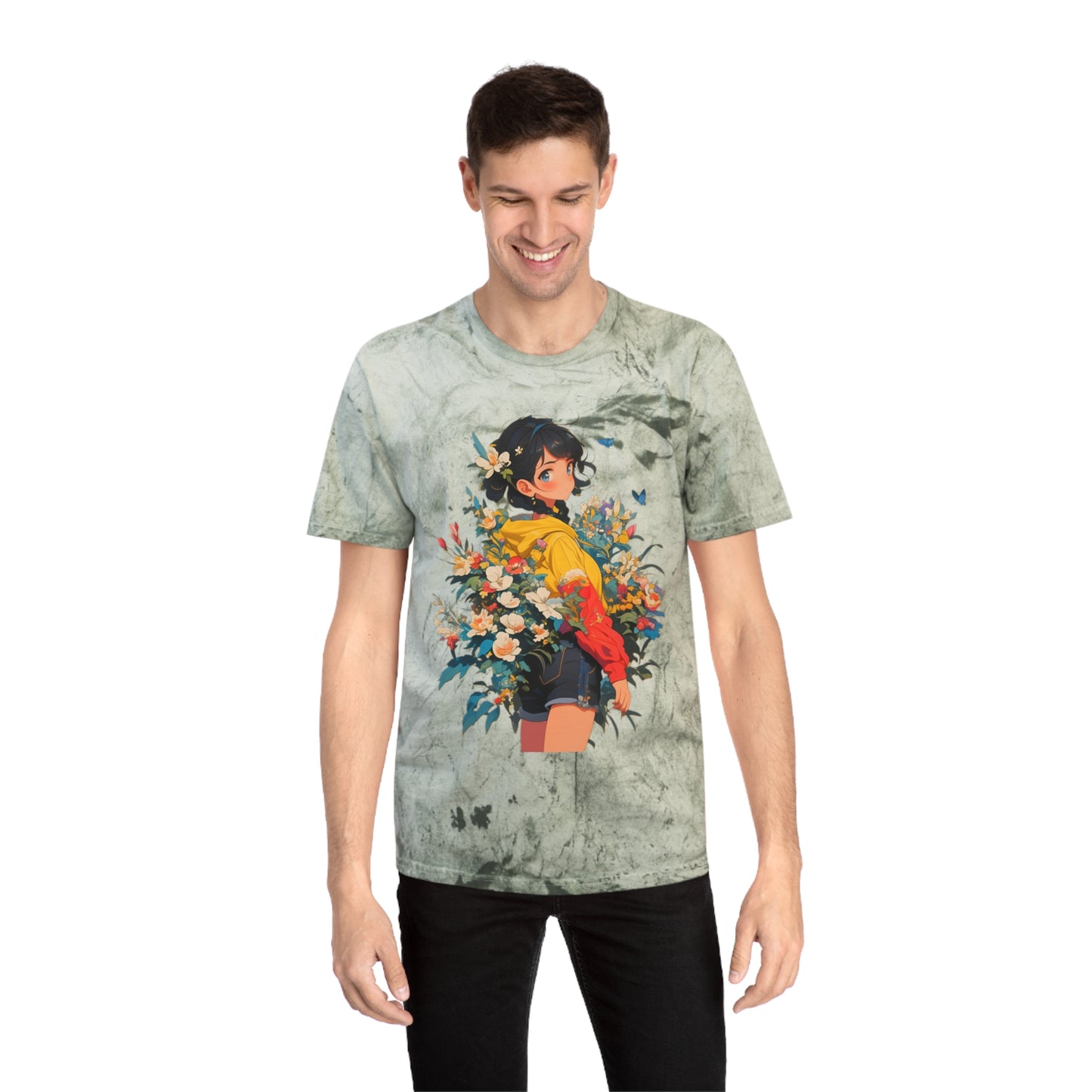 Color Blast T-Shirt with Casual Anime Girl Floral Design