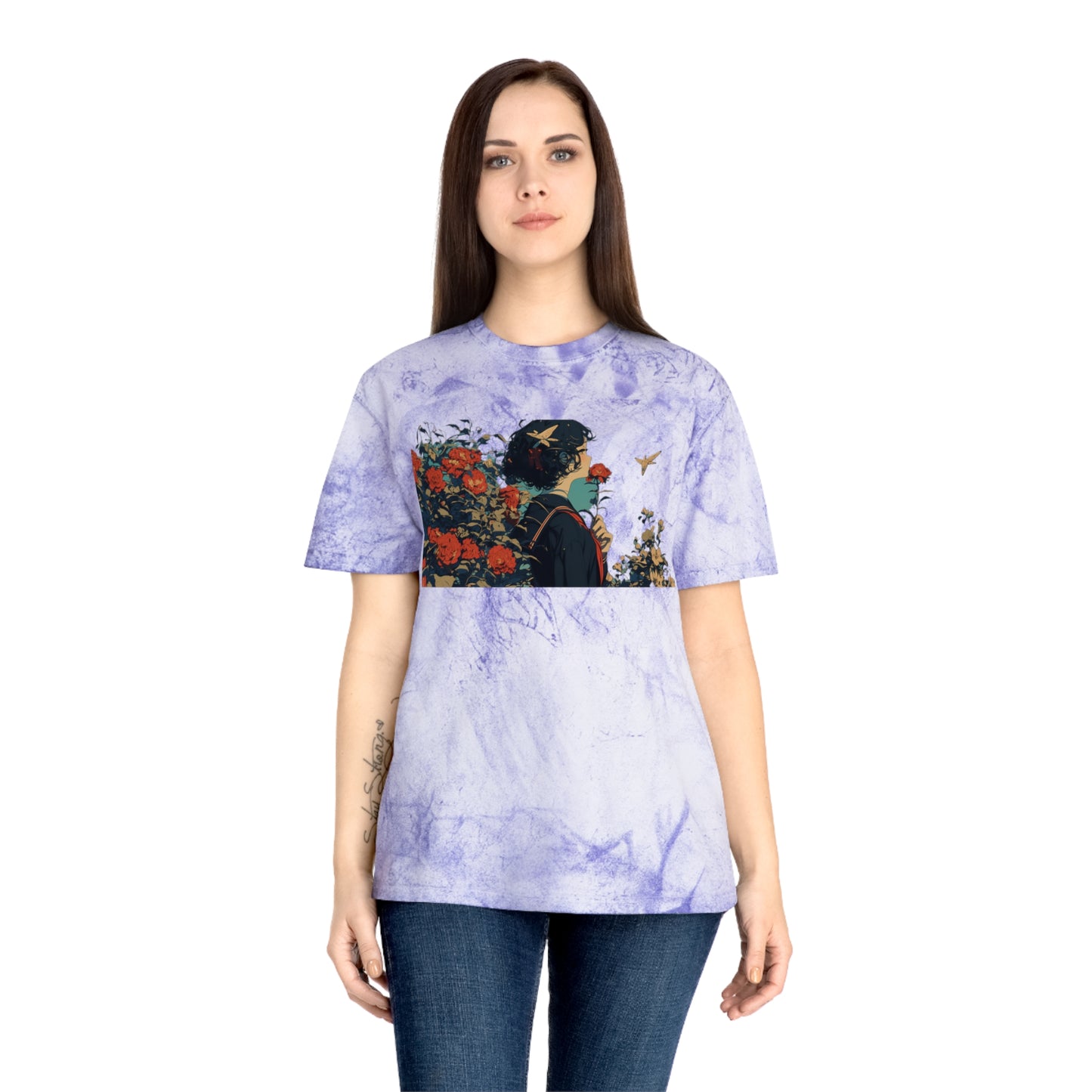 T-Shirt Anime Schoolgirl in Flower Garden Design