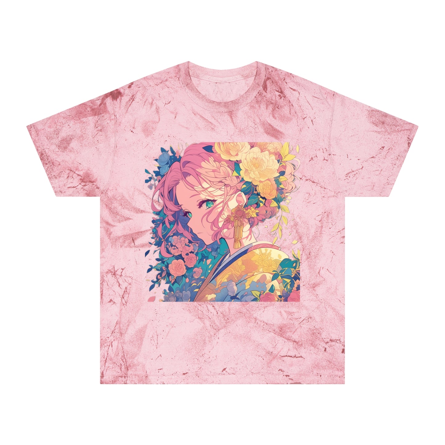 T-Shirt - Pink Hair Anime Beauty with Flowers - Unisex Color Blast Tee