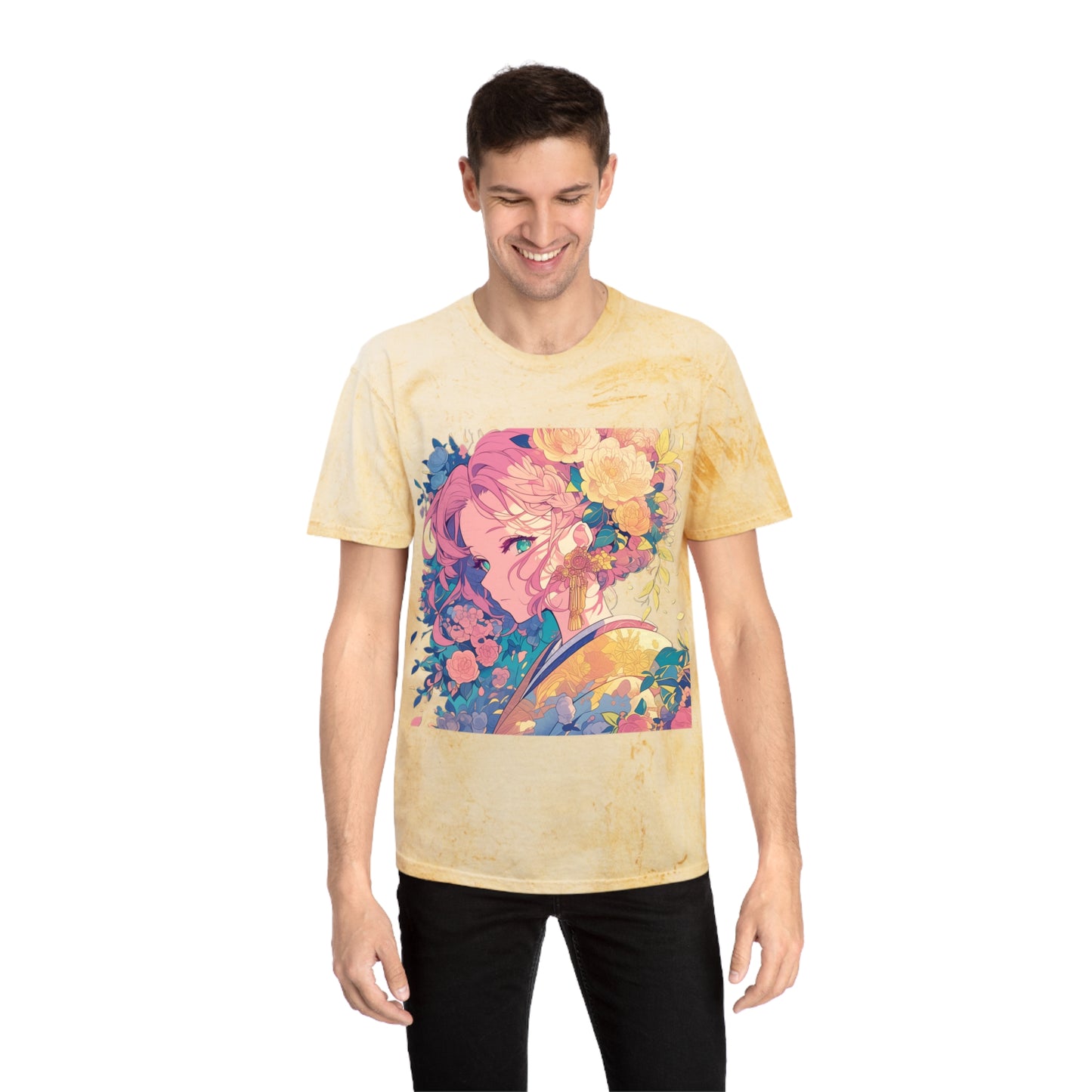 T-Shirt - Pink Hair Anime Beauty with Flowers - Unisex Color Blast Tee