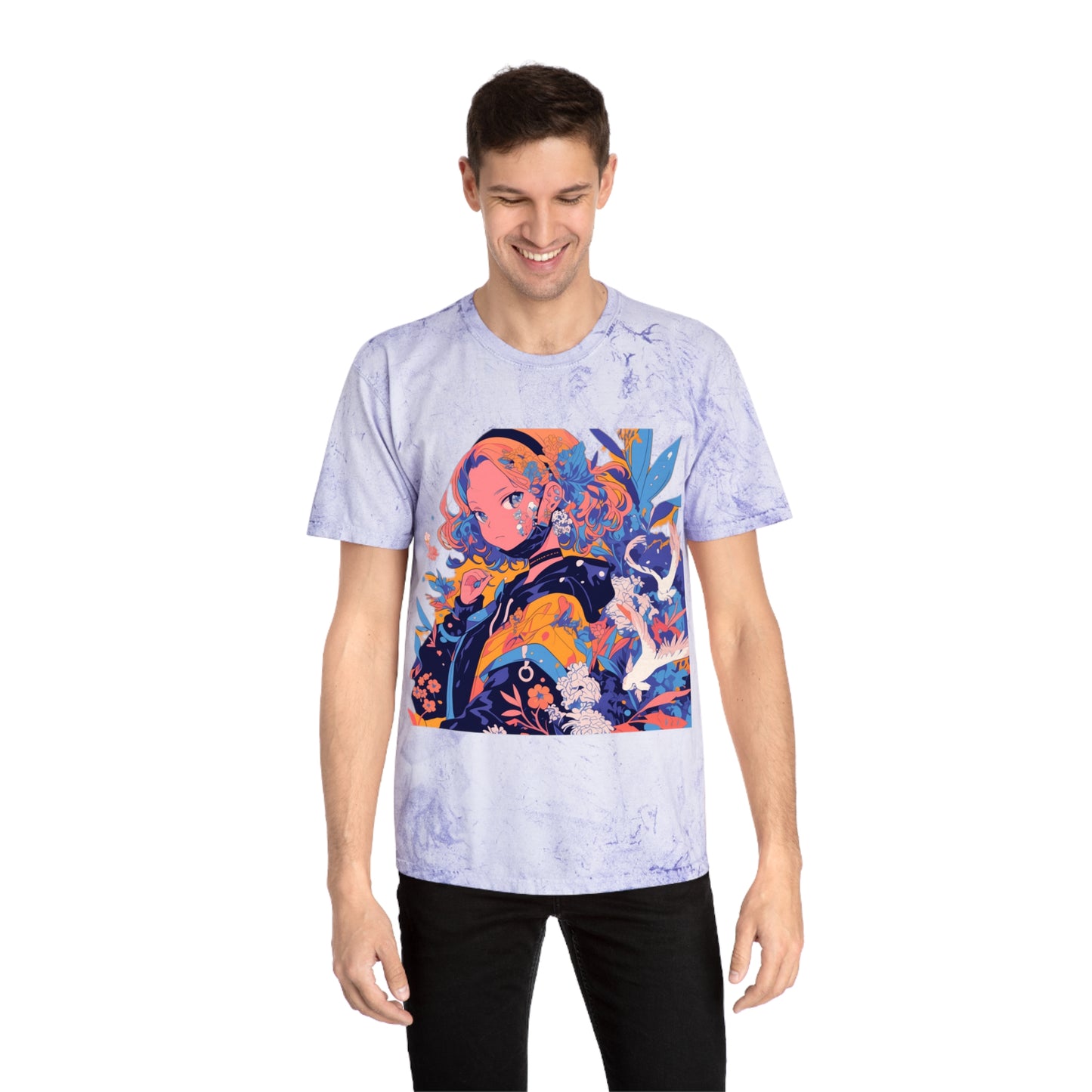 T-Shirt Anime Girl Surrealist Flowers Birds Unisex Color Blast