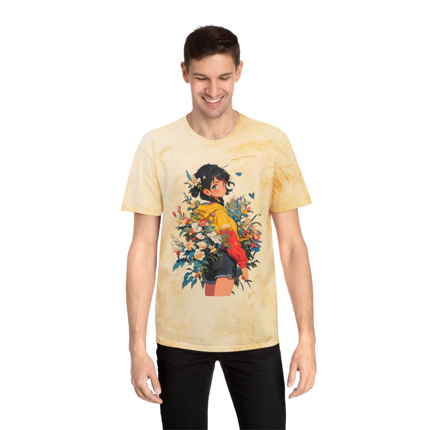 Color Blast T-Shirt with Casual Anime Girl Floral Design