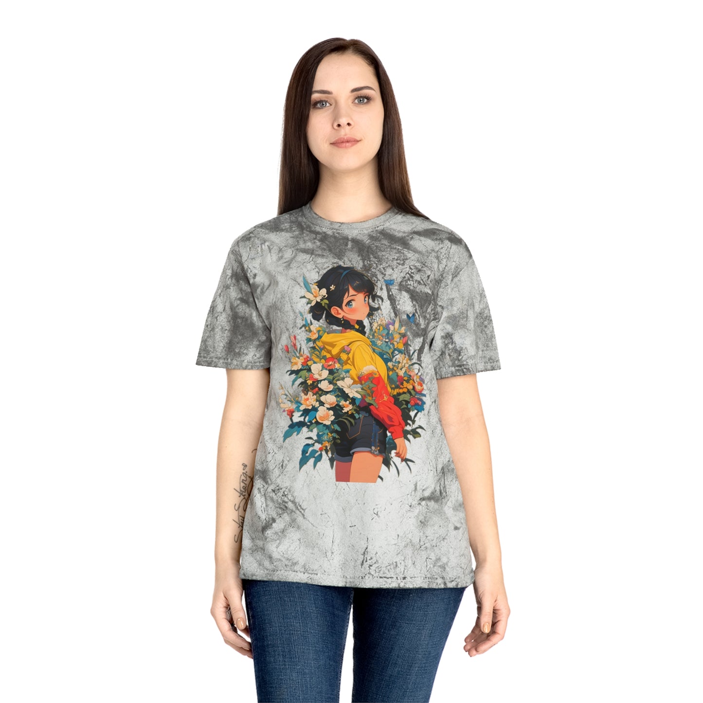 Color Blast T-Shirt with Casual Anime Girl Floral Design