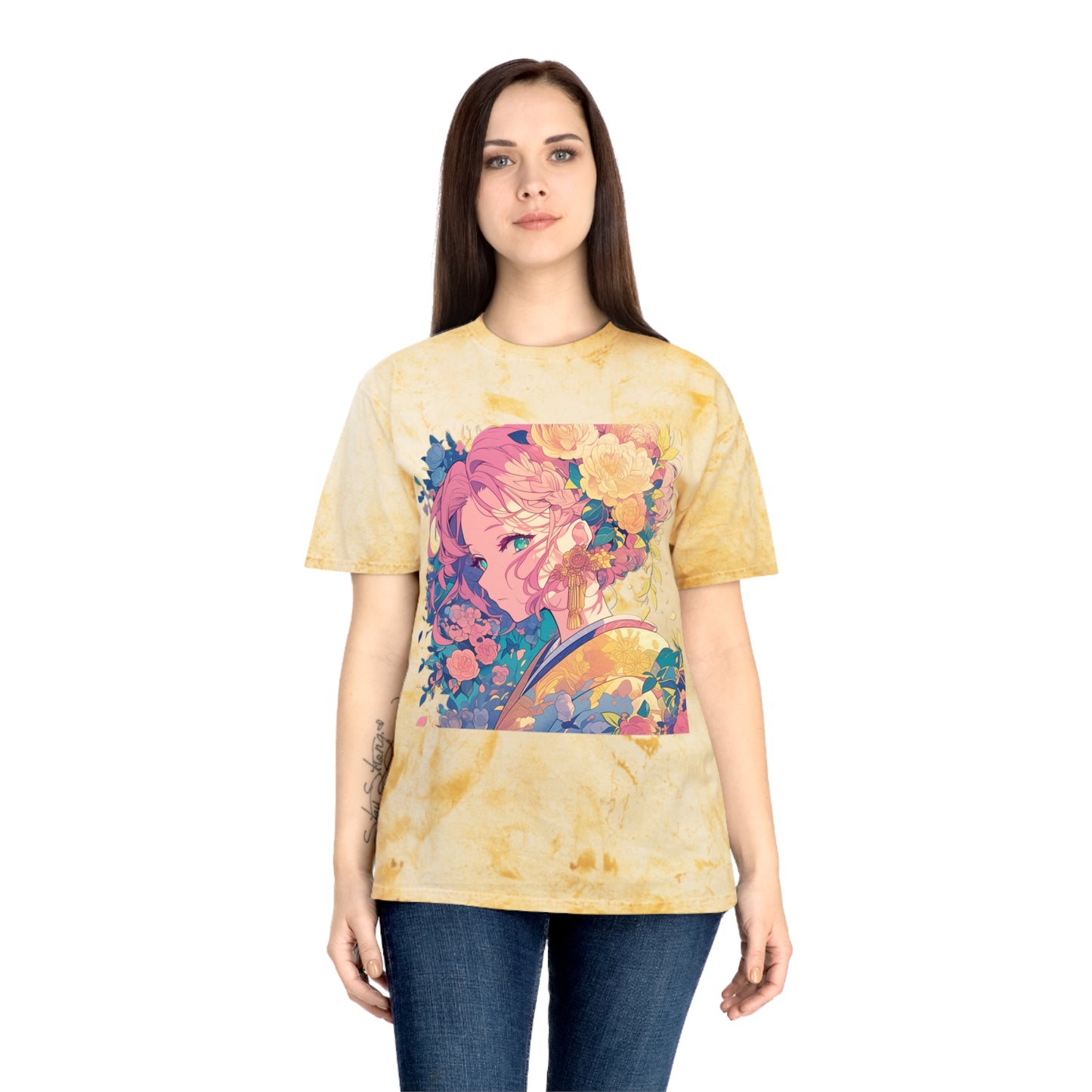 T-Shirt - Pink Hair Anime Beauty with Flowers - Unisex Color Blast Tee