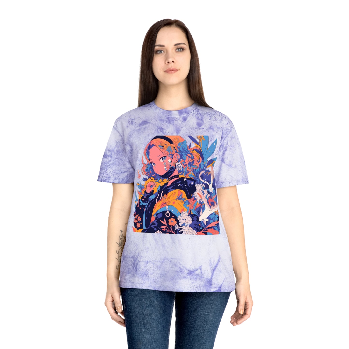 T-Shirt Anime Girl Surrealist Flowers Birds Unisex Color Blast