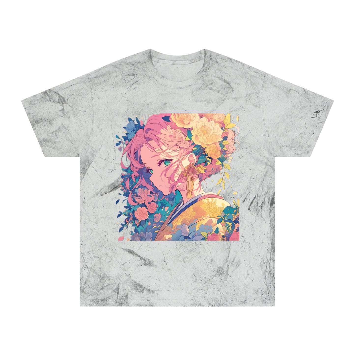 T-Shirt - Pink Hair Anime Beauty with Flowers - Unisex Color Blast Tee