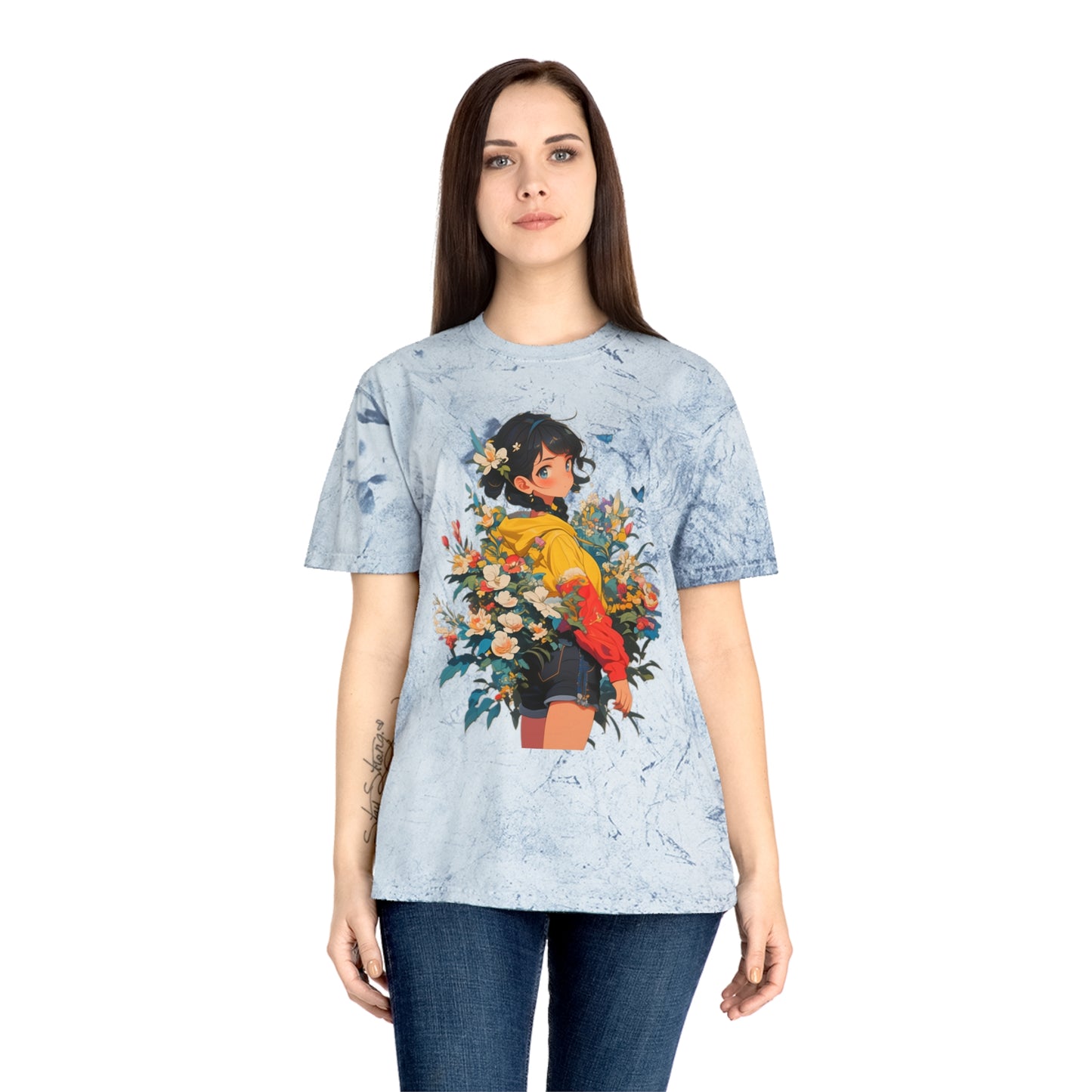 Color Blast T-Shirt with Casual Anime Girl Floral Design