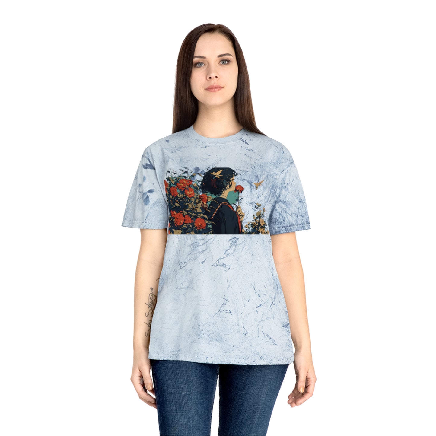 T-Shirt Anime Schoolgirl in Flower Garden Design