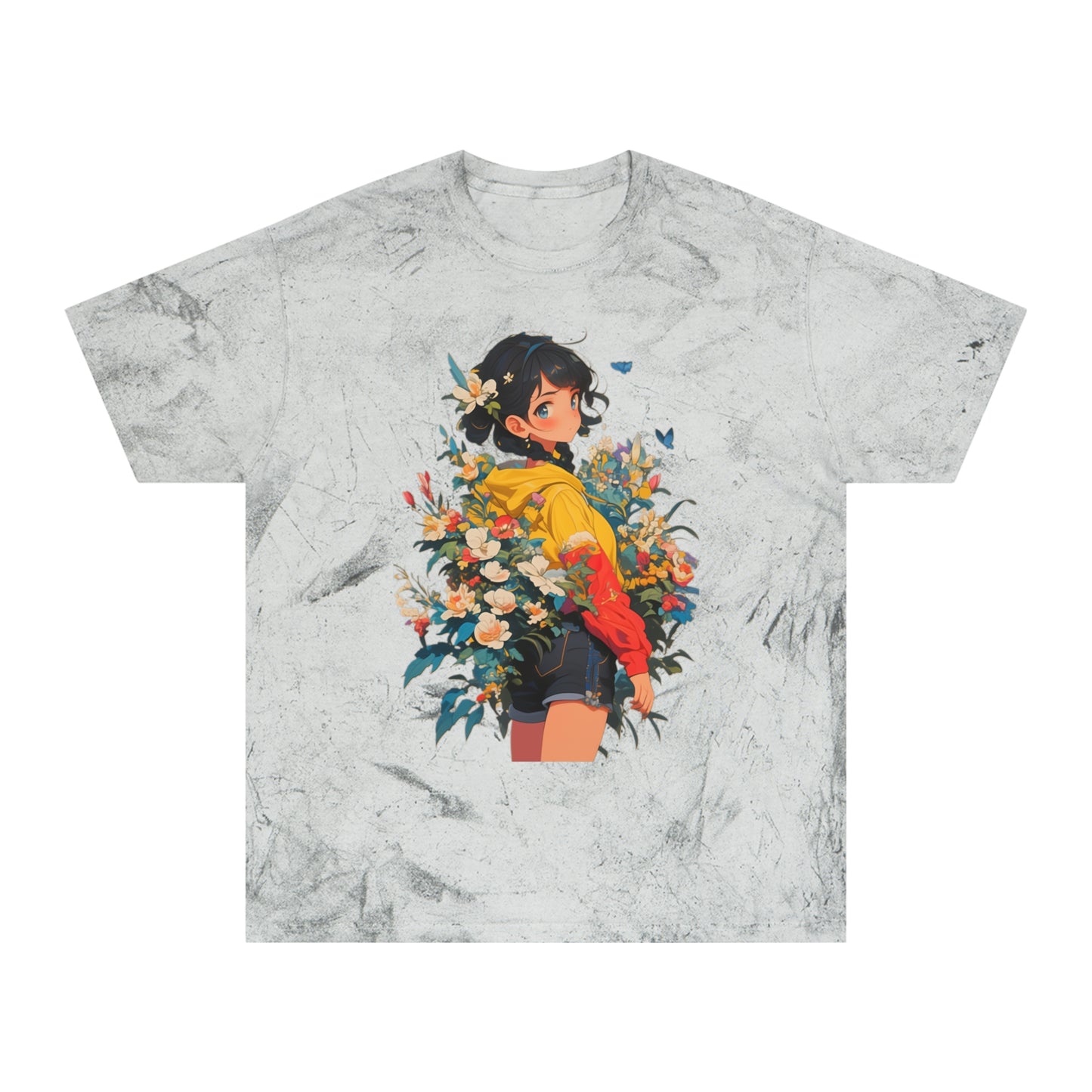 Color Blast T-Shirt with Casual Anime Girl Floral Design