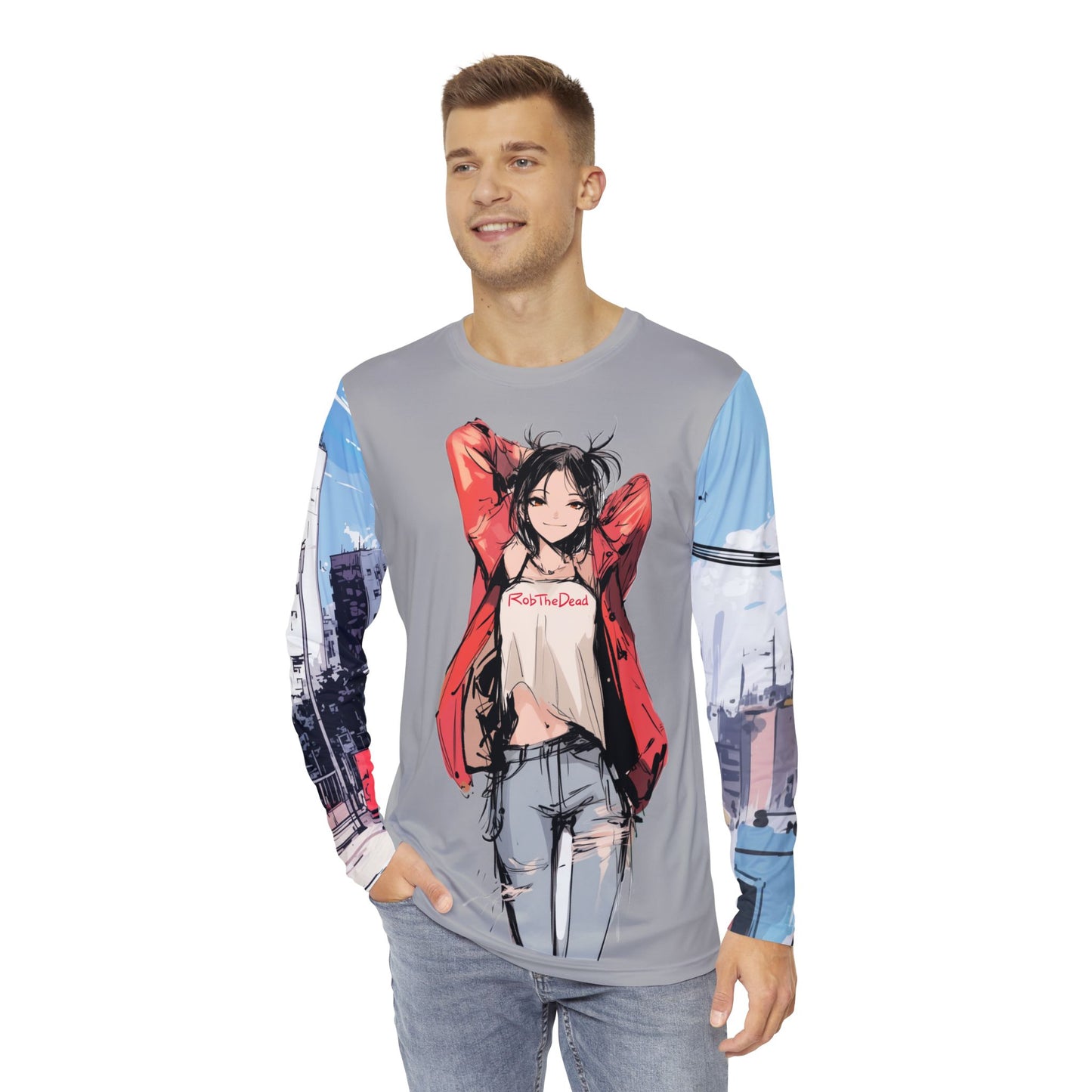 Casual Girl with Cityscape Sleeves Long Sleeved Shirt