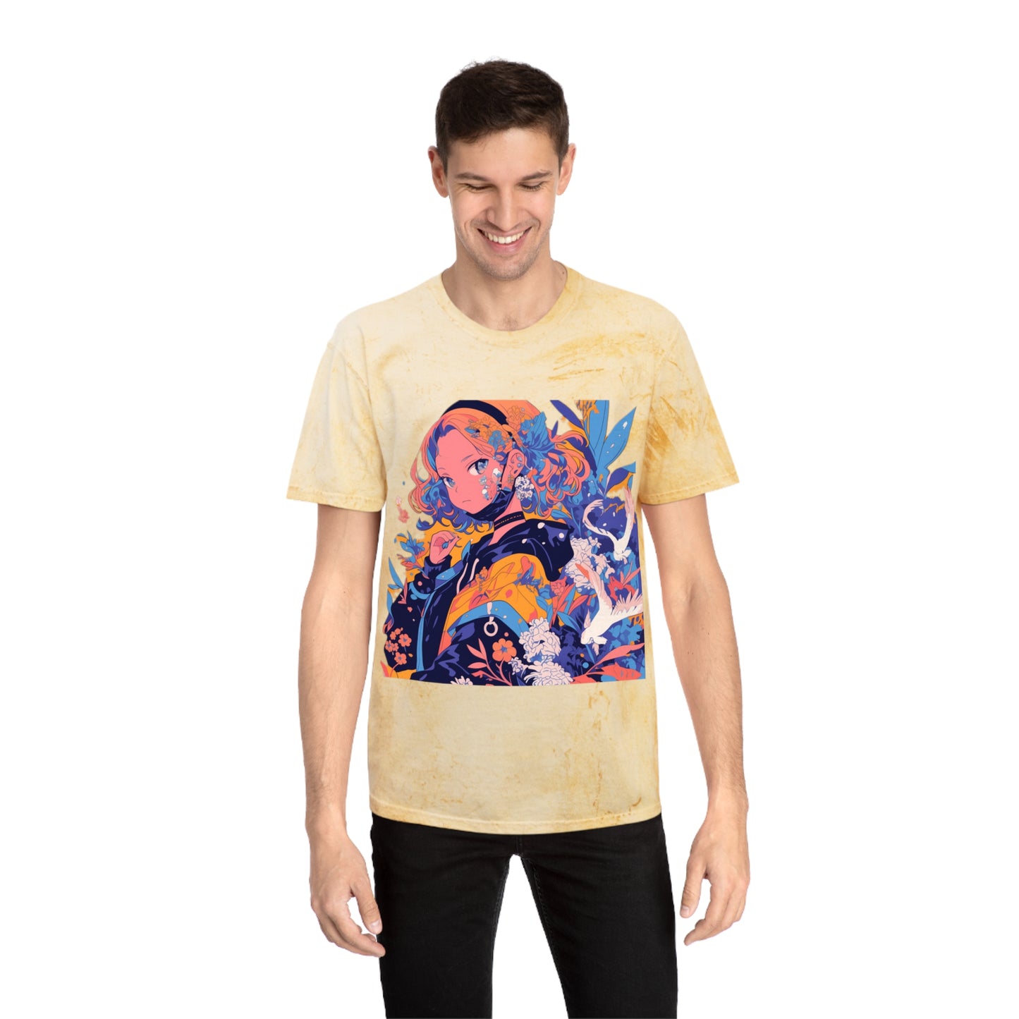 T-Shirt Anime Girl Surrealist Flowers Birds Unisex Color Blast