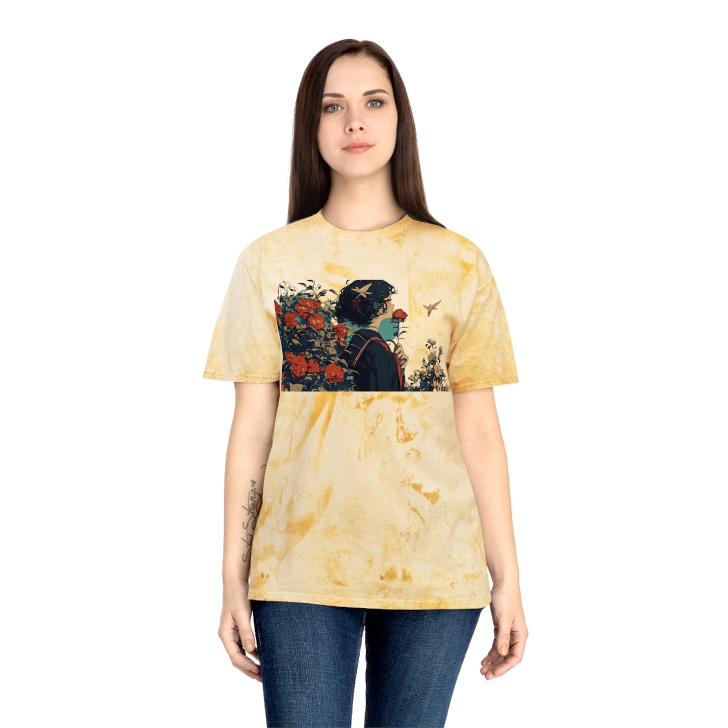 T-Shirt Anime Schoolgirl in Flower Garden Design