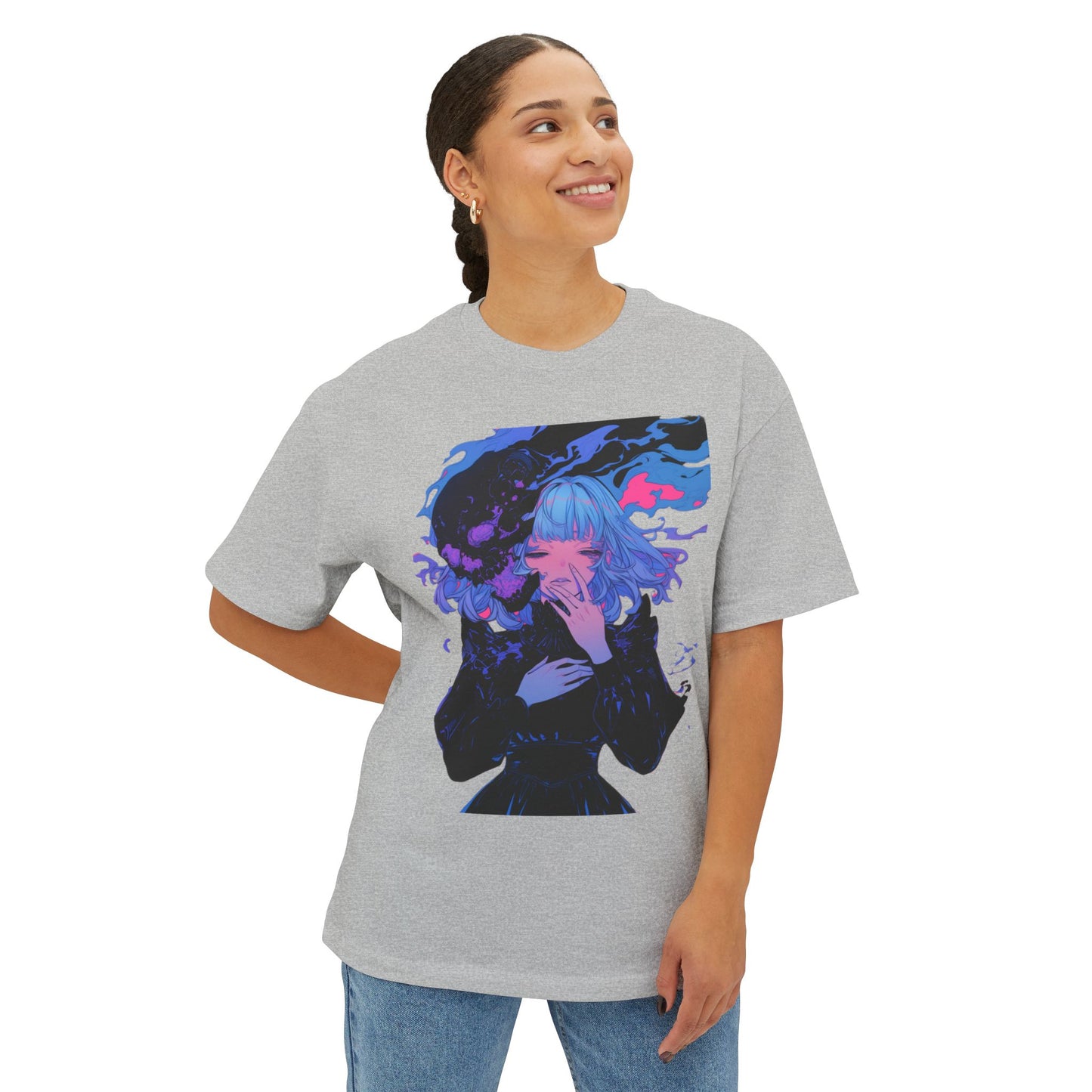 Oversized Tee Haunted Anime Girl Print