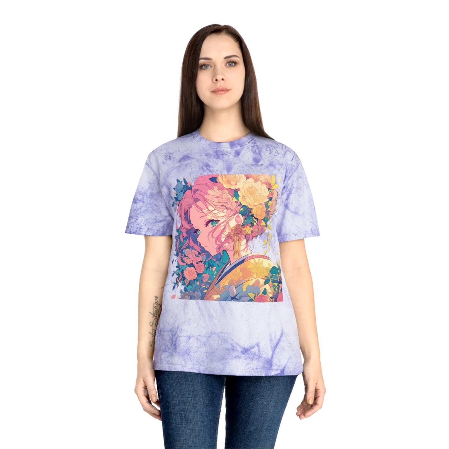 T-Shirt - Pink Hair Anime Beauty with Flowers - Unisex Color Blast Tee