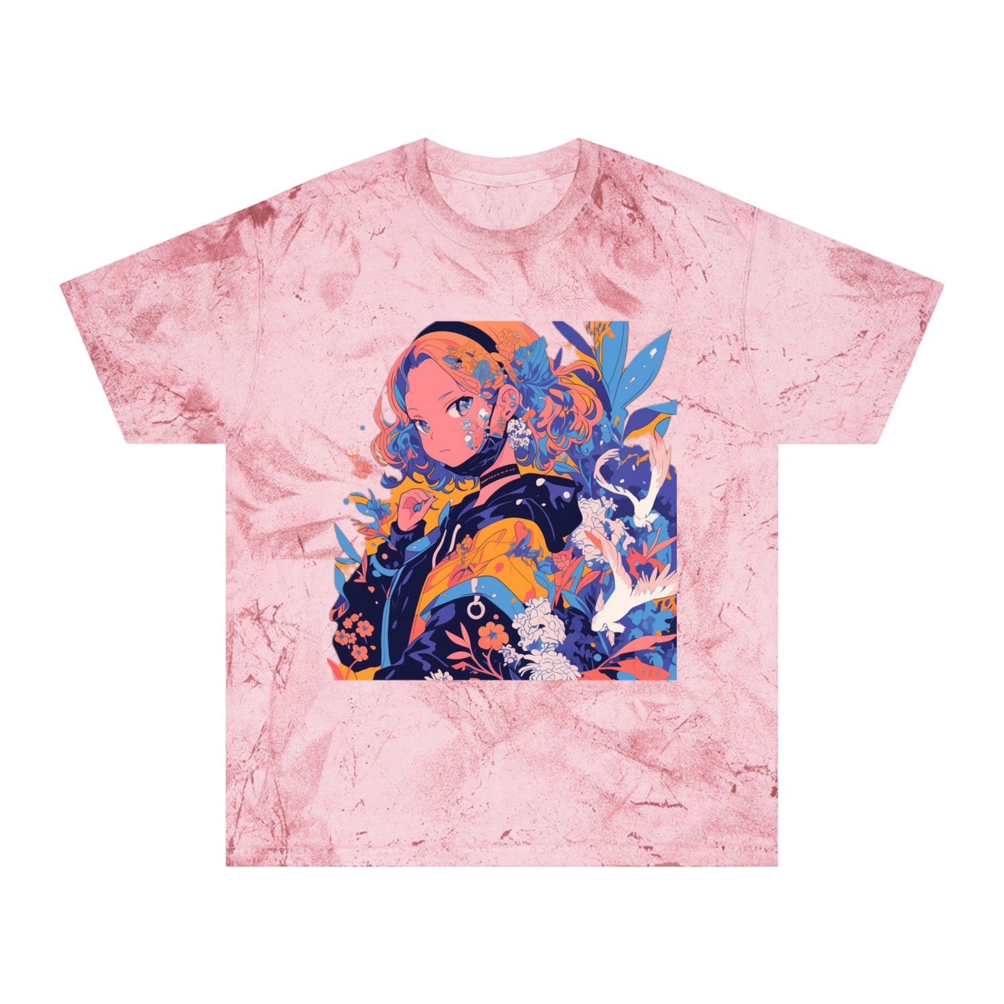 T-Shirt Anime Girl Surrealist Flowers Birds Unisex Color Blast