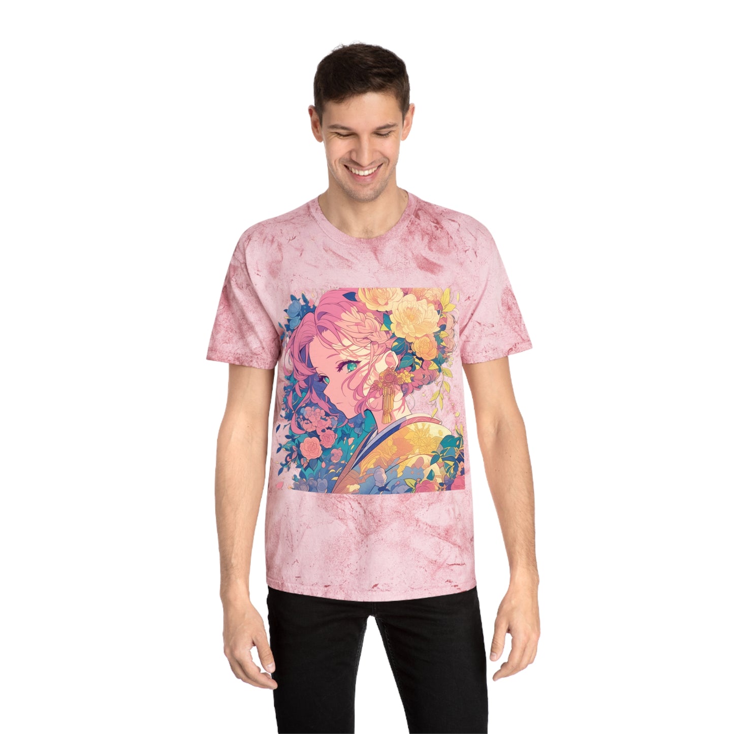 T-Shirt - Pink Hair Anime Beauty with Flowers - Unisex Color Blast Tee